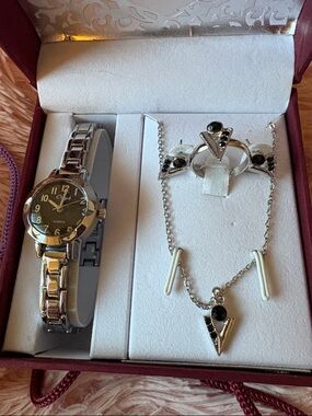 ONYK Women's Silver Tone Watch and Black Jewelry Set NIB